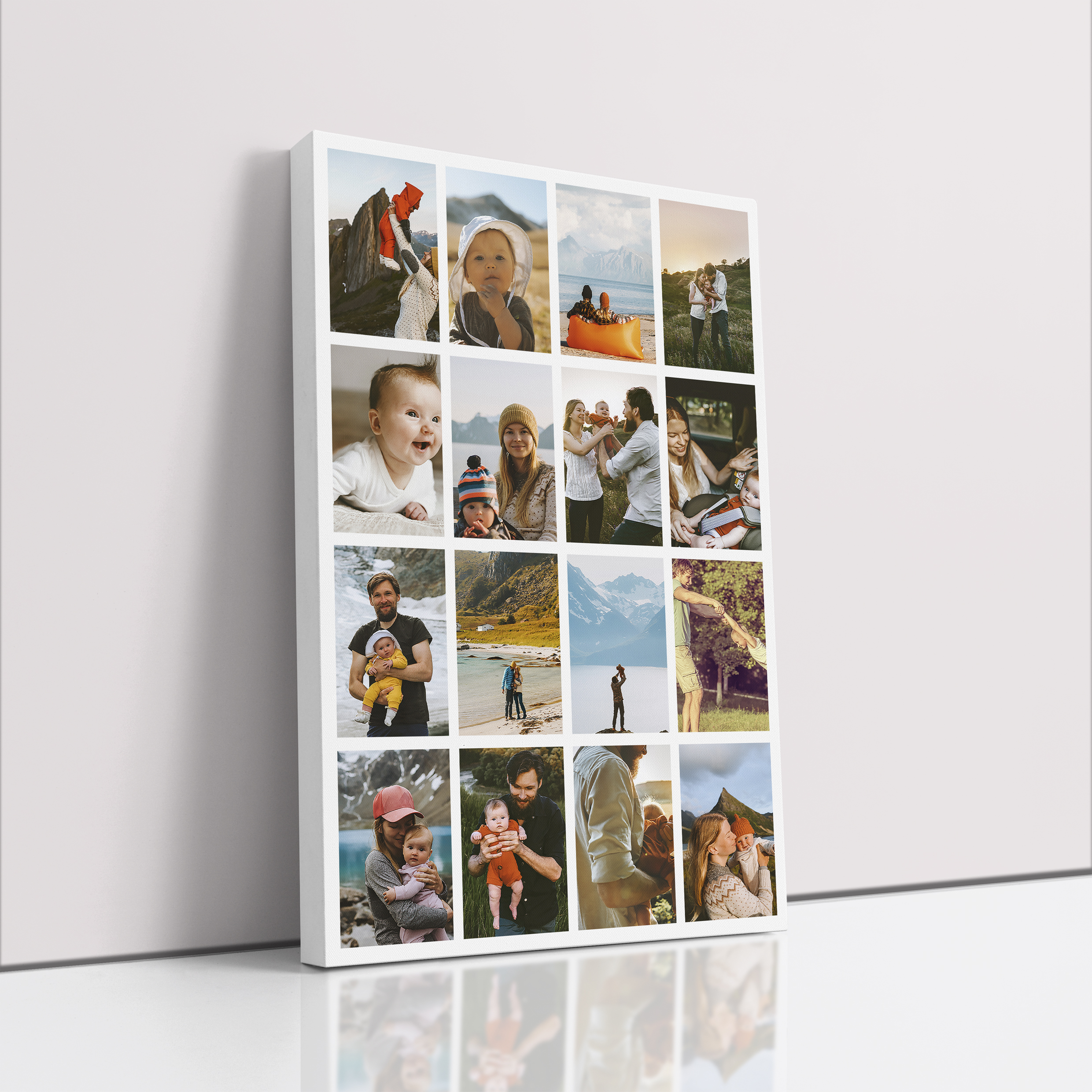 Photo of a canvas print called 'Spectrum of Moments'. It is 30cm x 20cm in size, in a Portrait orientation. It has space for 16 photos.