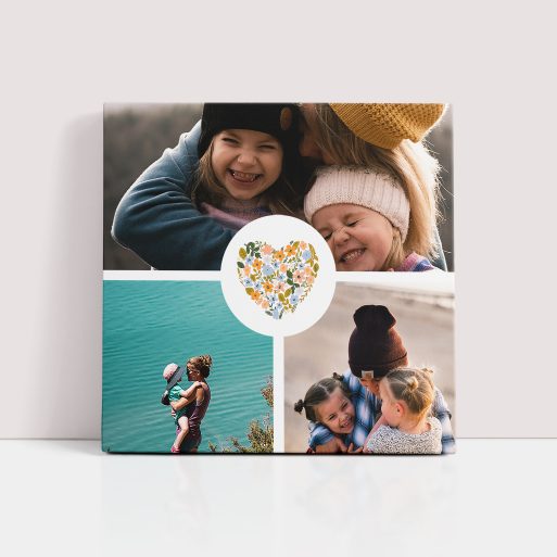 Floral Heart Personalised Stretch Canvas Print - Transform Your Memories into Elegant Art with Three Photos