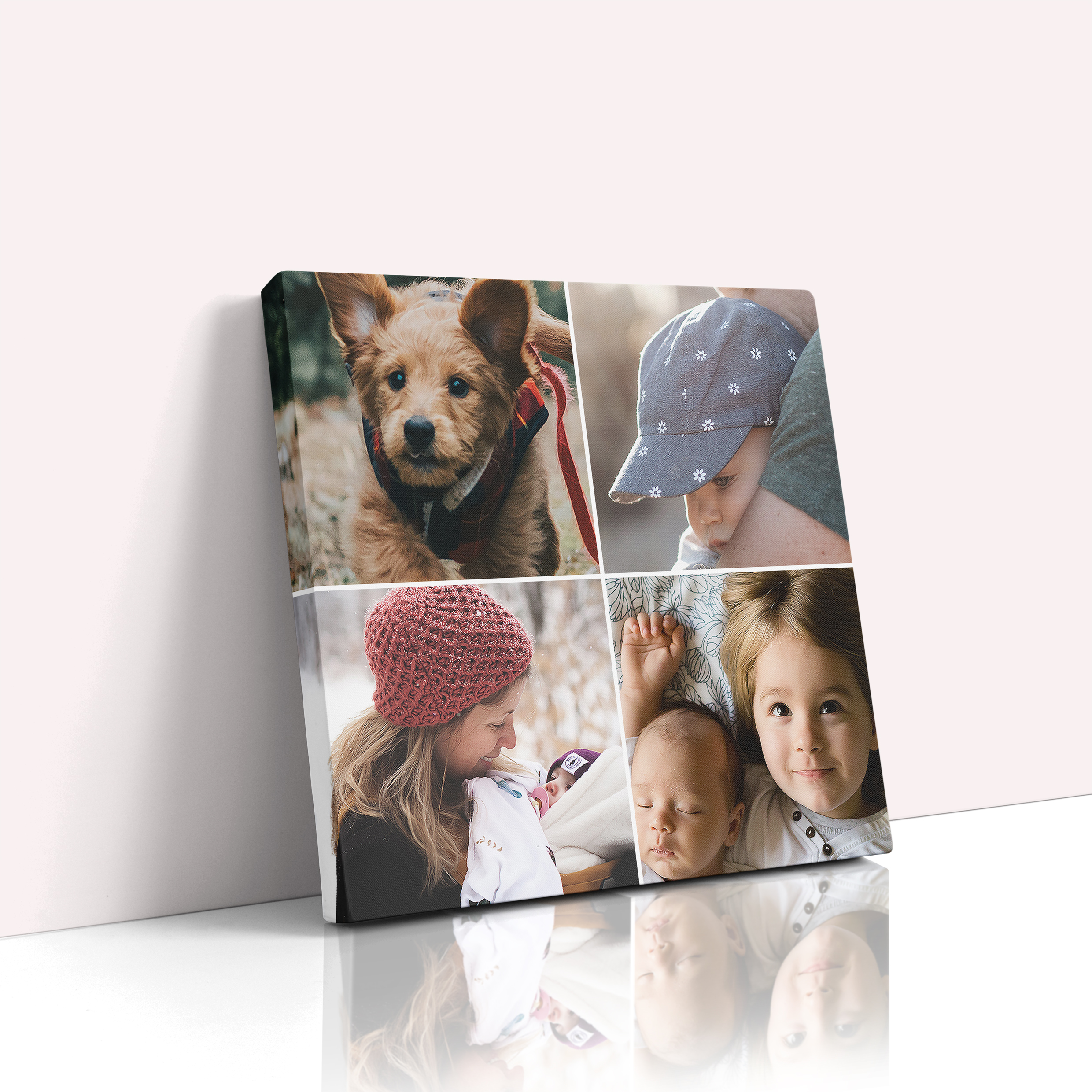  Personalised Quad Memories Stretch Canvas Print - Preserve precious moments with this portrait-oriented canvas featuring space for four cherished photos.
