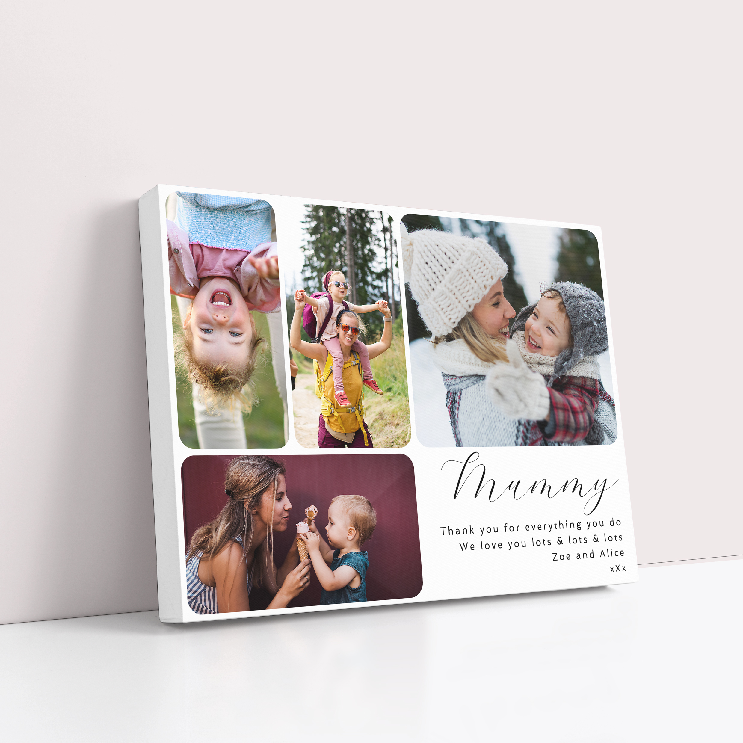 Photo of a canvas print called 'Mother’s Day Medley'. It is 40cm x 30cm in size, in a Landscape orientation. It has space for 4 photos.