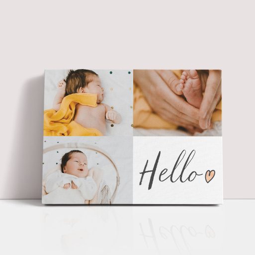 Photo of a canvas print called 'Triple Play Hello'. It is 40cm x 30cm in size, in a Landscape orientation. It has space for 3 photos.