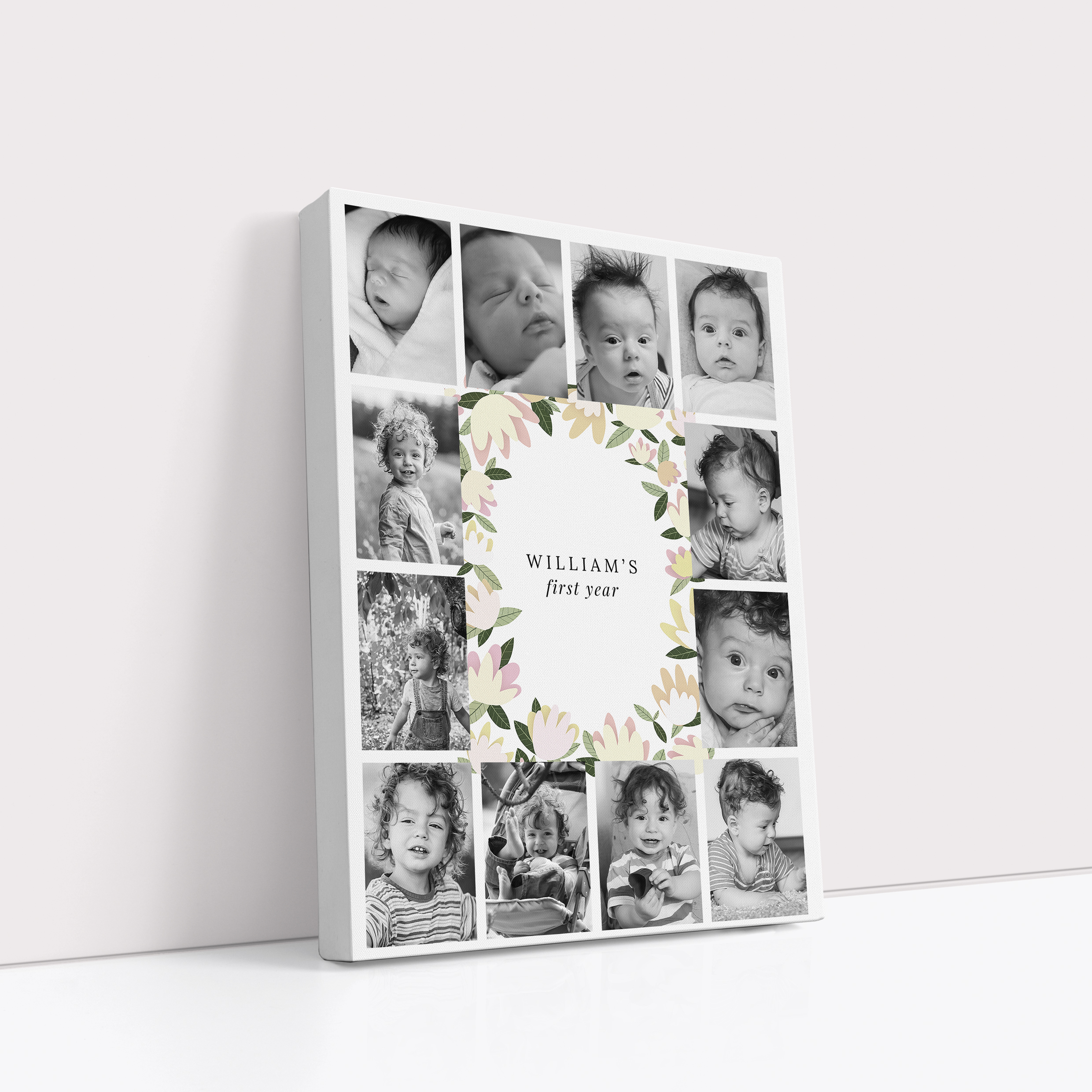 Photo of a canvas print called 'My first year'. It is 40cm x 30cm in size, in a Portrait orientation. It has space for 12 photos.