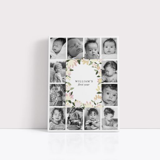 Photo of a canvas print called 'My first year'. It is 40cm x 30cm in size, in a Portrait orientation. It has space for 12 photos.