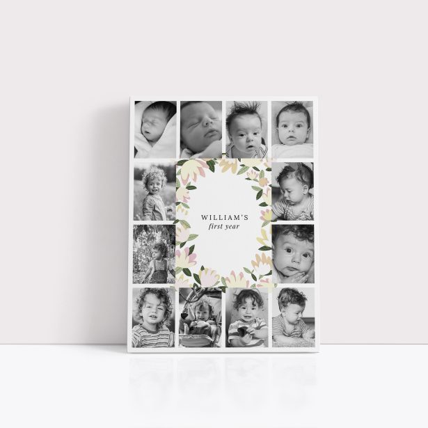 Photo of a canvas print called 'My first year'. It is 40cm x 30cm in size, in a Portrait orientation. It has space for 12 photos.