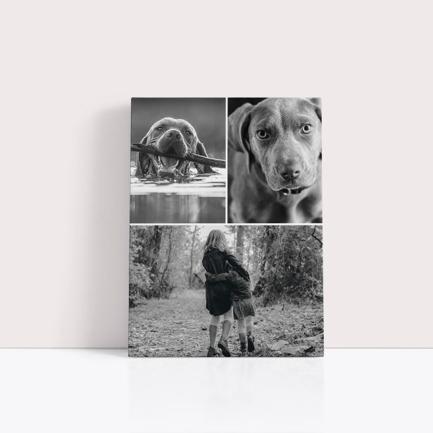 Photo of a canvas print called 'Print Memories'. It is 40cm x 30cm in size, in a Portrait orientation. It has space for 3 photos.