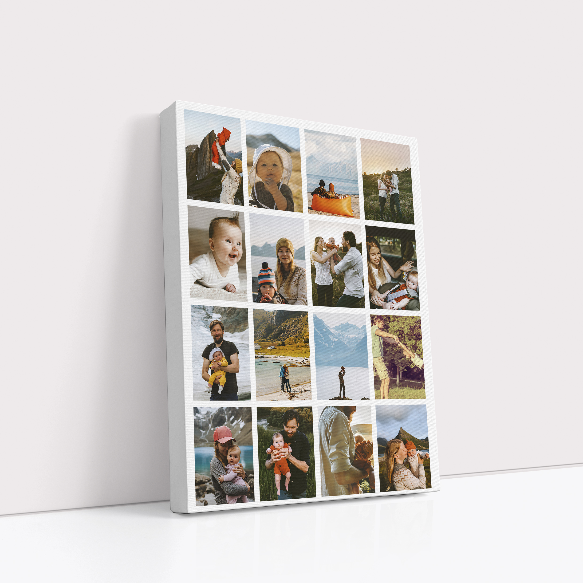 Photo of a canvas print called 'Spectrum of Moments'. It is 40cm x 30cm in size, in a Portrait orientation. It has space for 16 photos.