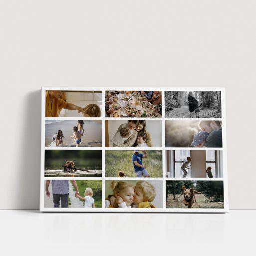Photo of a canvas print called 'Collage of Life'. It is 60cm x 40cm in size, in a Landscape orientation. It has space for 12 photos.