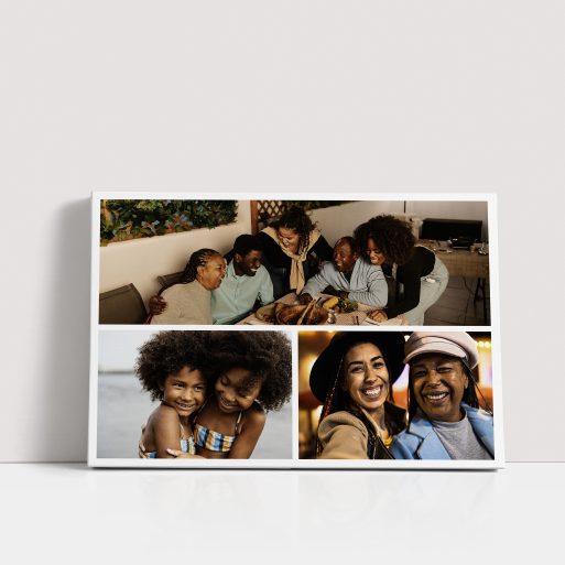 Photo of a canvas print called 'Trilogy Collage'. It is 60cm x 40cm in size, in a Landscape orientation. It has space for 3 photos.