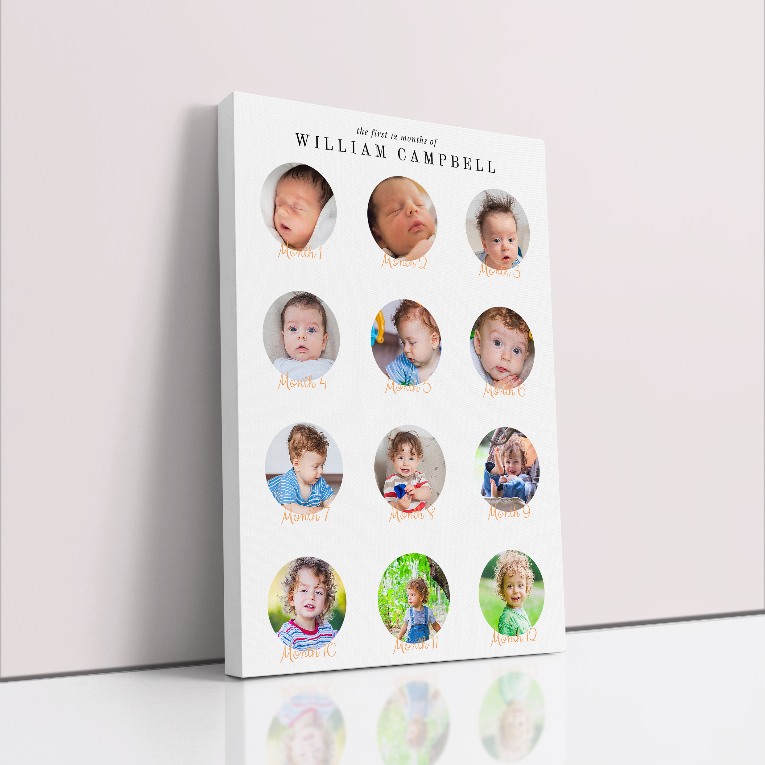 Photo of a canvas print called 'Month by Month'. It is 60cm x 40cm in size, in a Portrait orientation. It has space for 12 photos.
