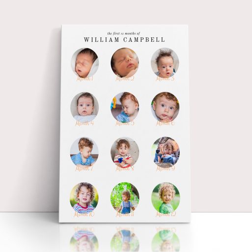 Photo of a canvas print called 'Month by Month'. It is 60cm x 40cm in size, in a Portrait orientation. It has space for 12 photos.