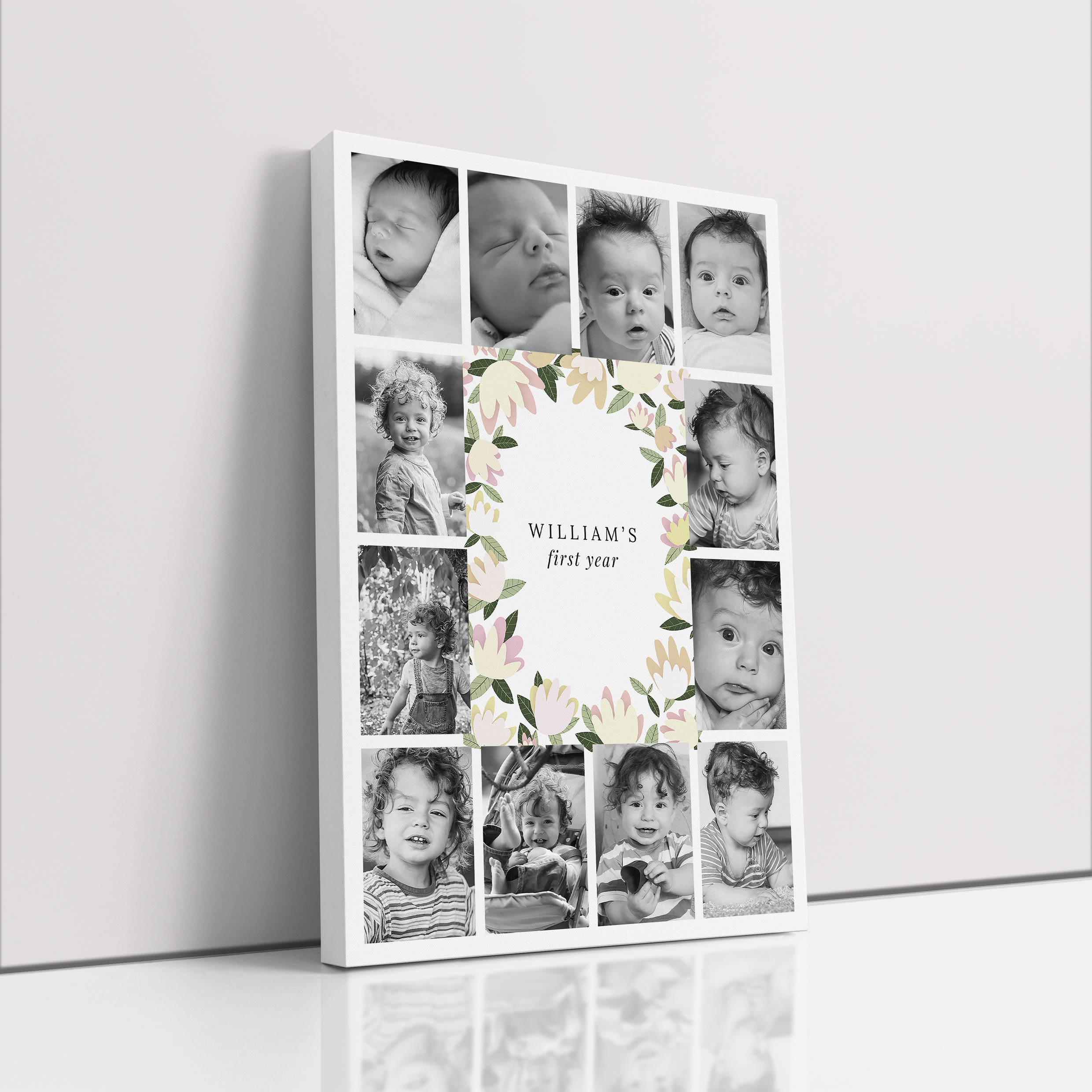 Photo of a canvas print called 'My first year'. It is 60cm x 40cm in size, in a Portrait orientation. It has space for 12 photos.