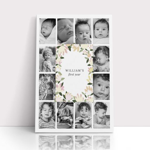 Photo of a canvas print called 'My first year'. It is 60cm x 40cm in size, in a Portrait orientation. It has space for 12 photos.