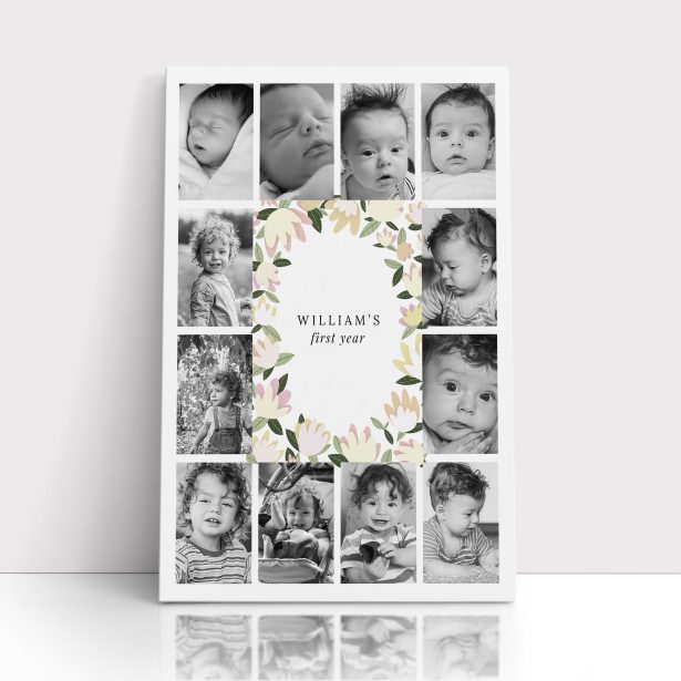 Photo of a canvas print called 'My first year'. It is 60cm x 40cm in size, in a Portrait orientation. It has space for 12 photos.