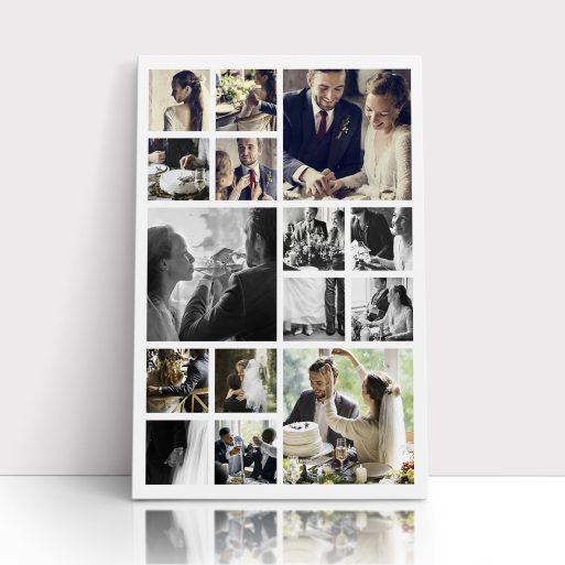 Photo of a canvas print called 'My Montage'. It is 60cm x 40cm in size, in a Portrait orientation. It has space for 15 photos.