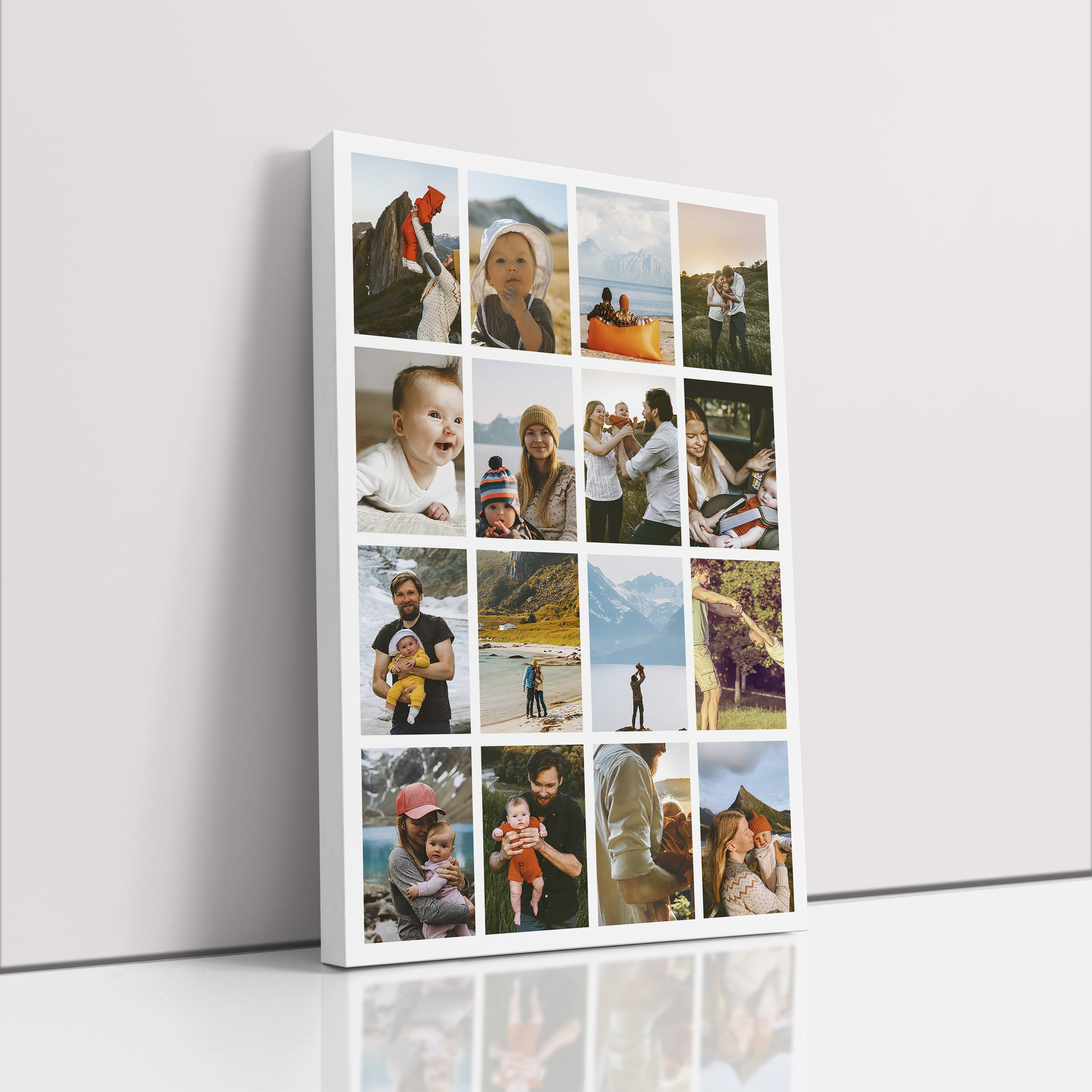 Photo of a canvas print called 'Spectrum of Moments'. It is 60cm x 40cm in size, in a Portrait orientation. It has space for 16 photos.