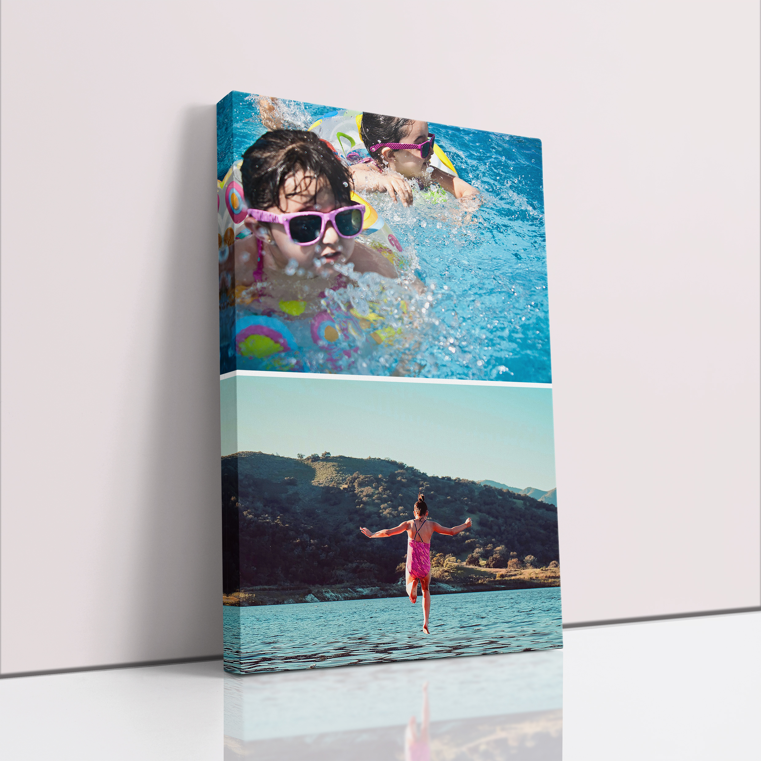 Photo of a canvas print called 'Stacked'. It is 60cm x 40cm in size, in a Portrait orientation. It has space for 2 photos.