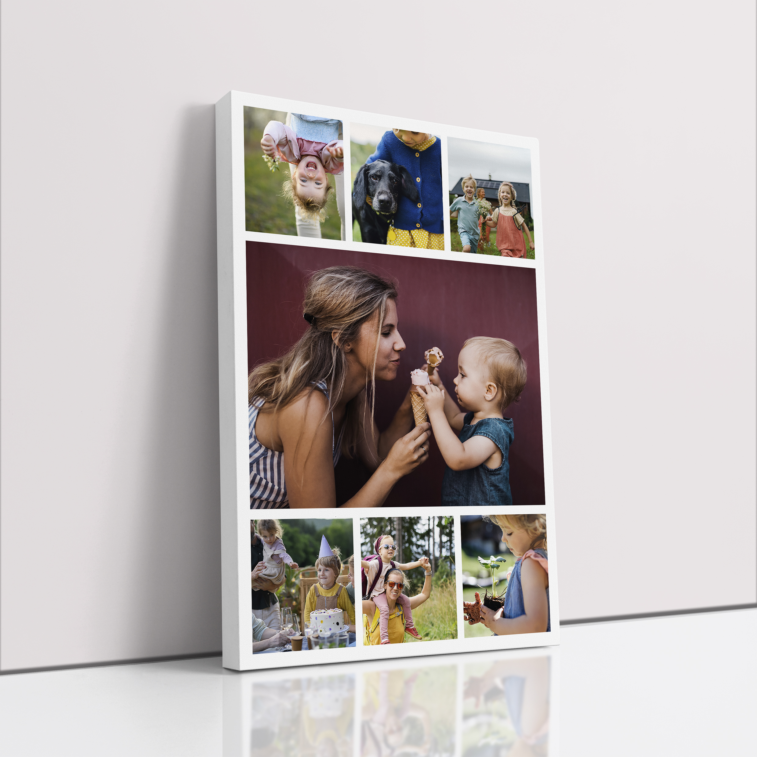 Photo of a canvas print called 'Tapestry of Time'. It is 60cm x 40cm in size, in a Portrait orientation. It has space for 7 photos.
