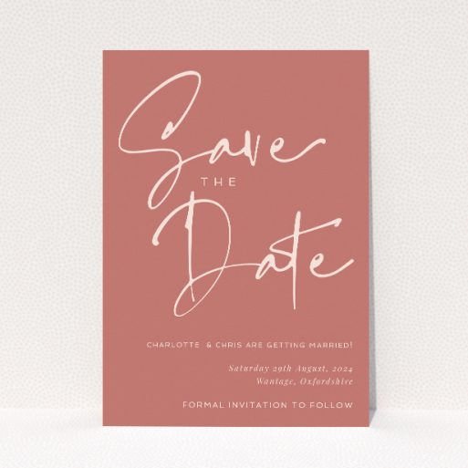 Carnaby Celebration Save the Date A6 Card - Vibrant and modern wedding announcement featuring bold terracotta background and dynamic handwritten script, promising a lively and heartening wedding event This is a view of the front