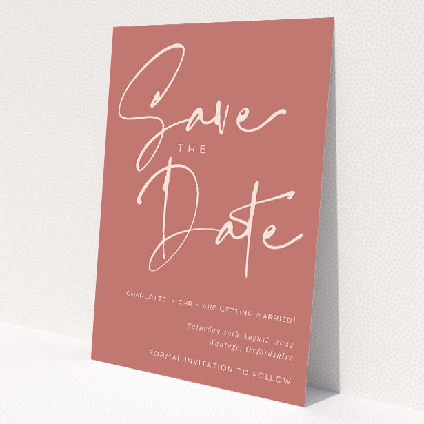 Carnaby Celebration Save the Date A6 Card - Vibrant and modern wedding announcement featuring bold terracotta background and dynamic handwritten script, promising a lively and heartening wedding event This is a view of the back