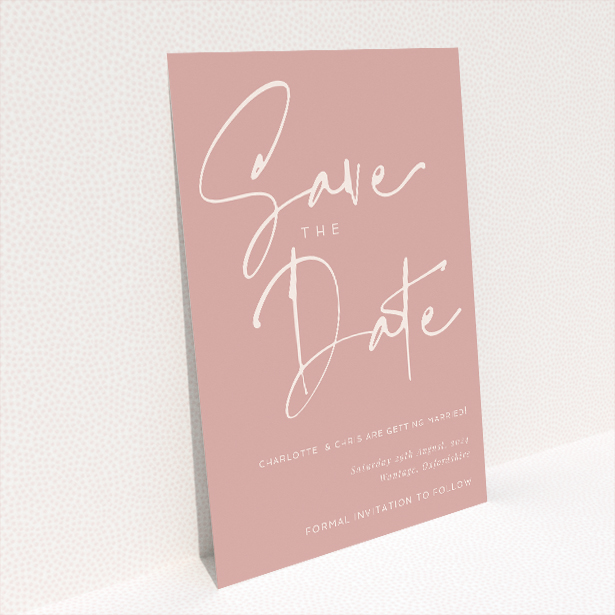 Carnaby Celebration Save the Date A6 Card - Vibrant and modern wedding announcement featuring bold terracotta background and dynamic handwritten script, promising a lively and heartening wedding event This is a view of the back