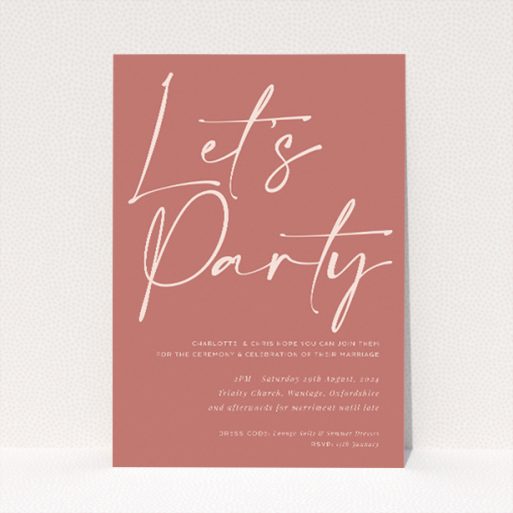 "Carnaby Celebration wedding invitation featuring vivacious terracotta background and playful script exclaiming 'Let's Party' in white calligraphy, setting a tone of laid-back celebration and anticipation for a lively and heartfelt wedding event.". This is a view of the front