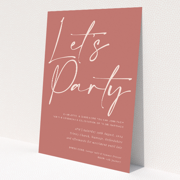 'Carnaby Celebration wedding invitation featuring vivacious terracotta background and playful script exclaiming 'Let's Party' in white calligraphy, setting a tone of laid-back celebration and anticipation for a lively and heartfelt wedding event.'. This is a view of the front