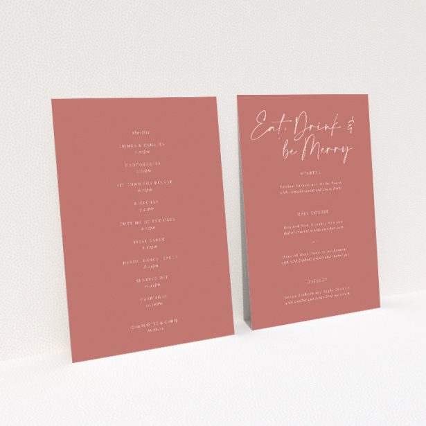 Vibrant Carnaby Celebration Wedding Menu Template with Warm Terracotta Backgrounds. This image shows the front and back sides together