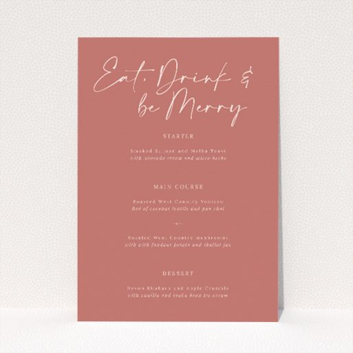 Vibrant Carnaby Celebration Wedding Menu Template with Warm Terracotta Backgrounds. This is a view of the front