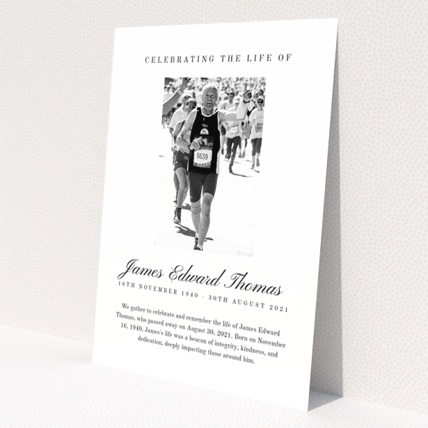 Funeral announcement design with one photo featuring a runner, celebrating the life of James Edward Thomas.