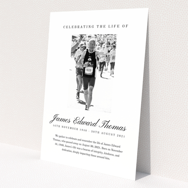 Funeral announcement design with one photo featuring a runner, celebrating the life of James Edward Thomas.