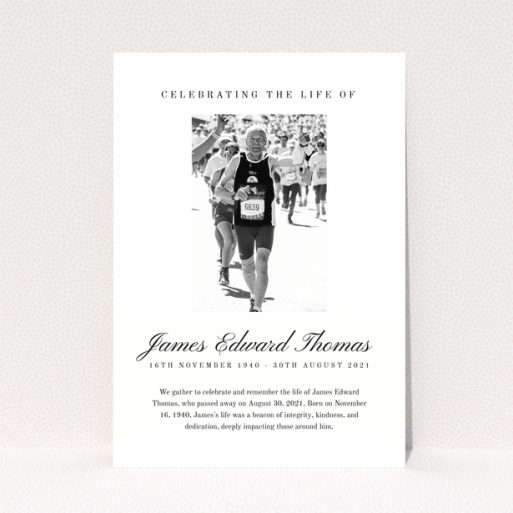 Funeral announcement design with one photo featuring a runner, celebrating the life of James Edward Thomas.