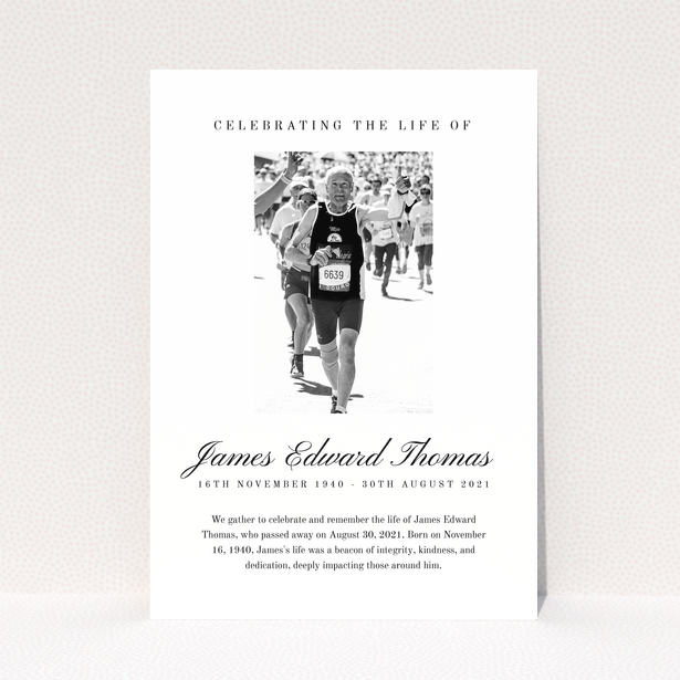 Funeral announcement design with one photo featuring a runner, celebrating the life of James Edward Thomas.