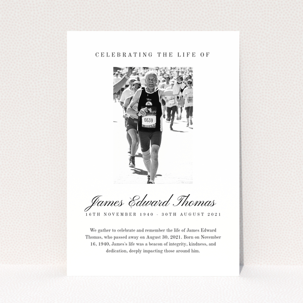 Funeral announcement design with one photo featuring a runner, celebrating the life of James Edward Thomas.