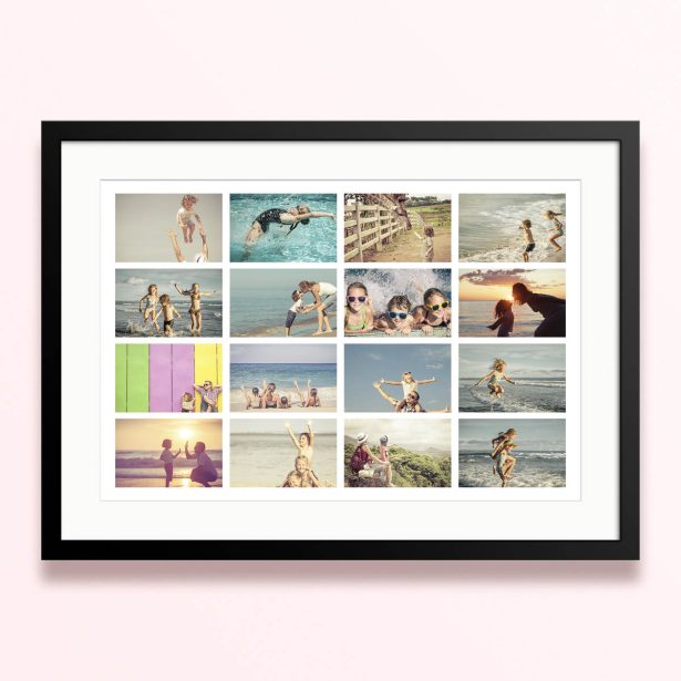 Framed and mounted photo print with 16 photos displaying various joyful moments.