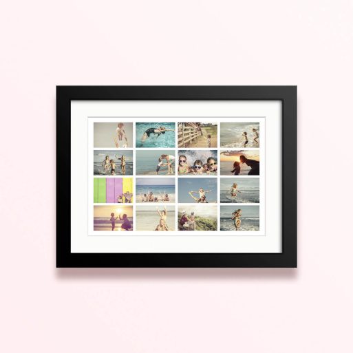 Framed and mounted photo print with 16 photos displaying various joyful moments.