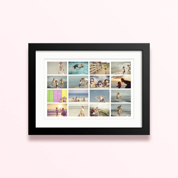 Framed and mounted photo print with 16 photos displaying various joyful moments.