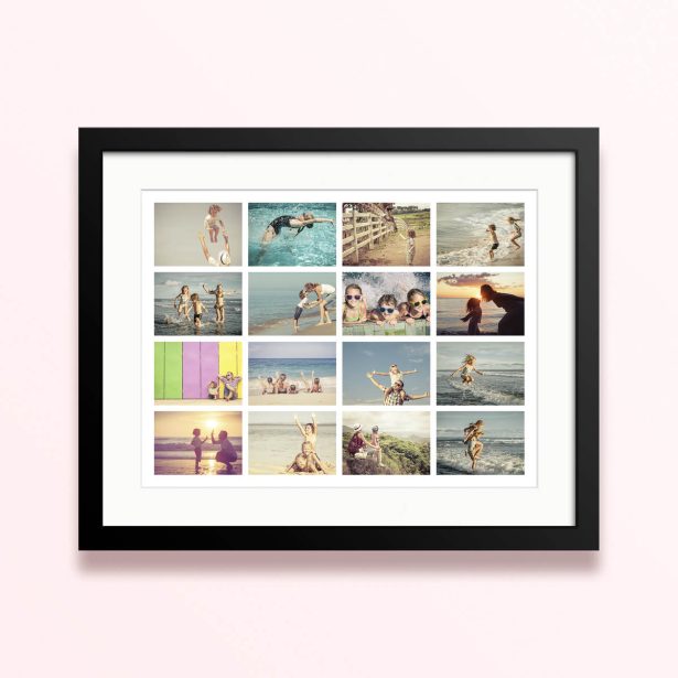 Framed and mounted photo print with 16 photos displaying various joyful moments.