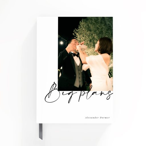 Elegant portrait notebook cover design with wedding theme and one photo on the front cover by Utterly Printable.