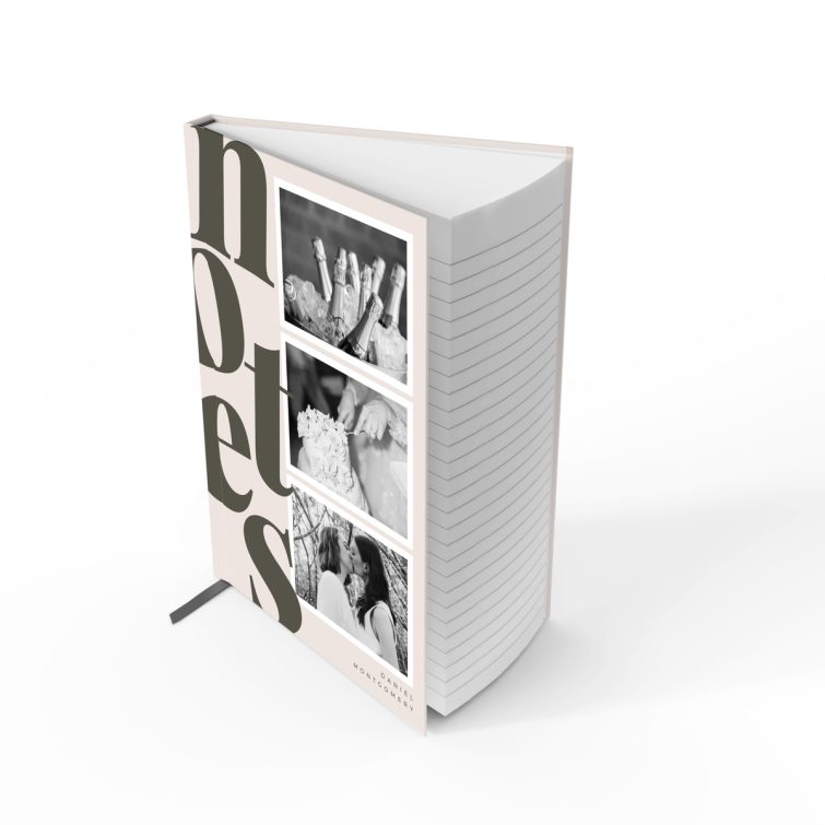 Elegant personalised notebook design with three black and white photos on the cover, ideal for weddings and events.