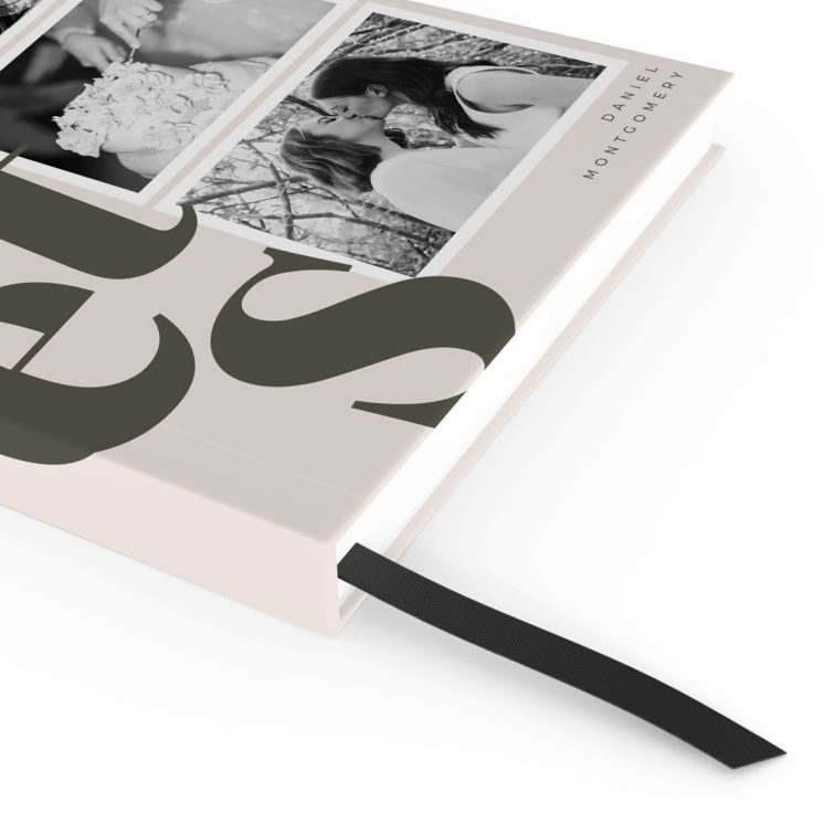 Elegant personalised notebook design with three black and white photos on the cover, ideal for weddings and events.