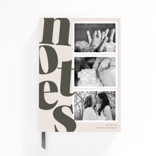 Elegant personalised notebook design with three black and white photos on the cover, ideal for weddings and events.