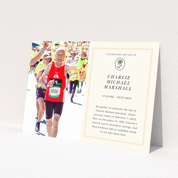 Funeral announcement design with one photo for Charlie Michael Marshall featuring text and floral illustration.