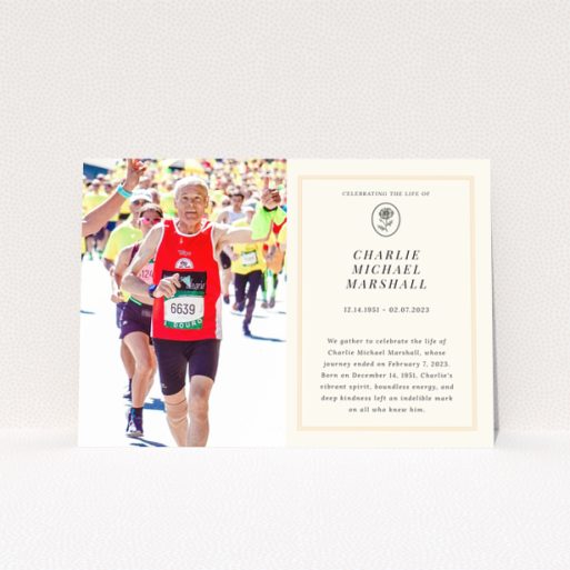Funeral announcement design with one photo for Charlie Michael Marshall featuring text and floral illustration.