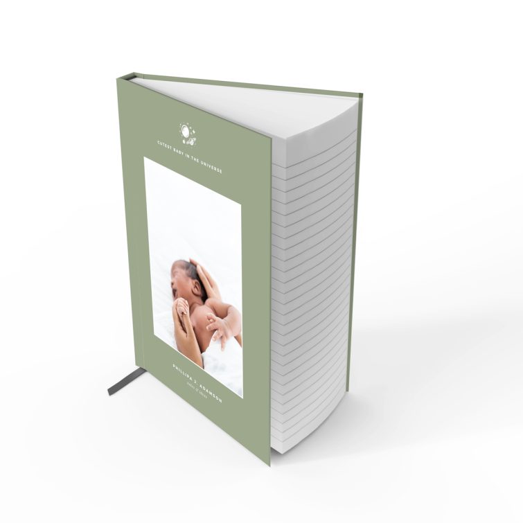 Customisable baby-themed notebook cover design featuring one photo, ideal for personalised notes and ideas.