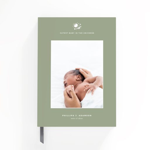 Customisable baby-themed notebook cover design featuring one photo, ideal for personalised notes and ideas.