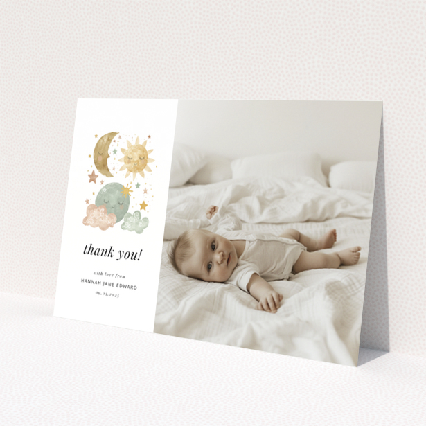 Baby thank you card design featuring celestial illustrations and one baby photo.