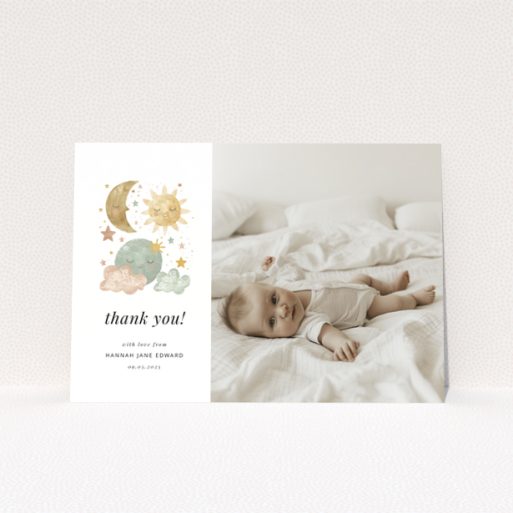 Baby thank you card design featuring celestial illustrations and one baby photo.