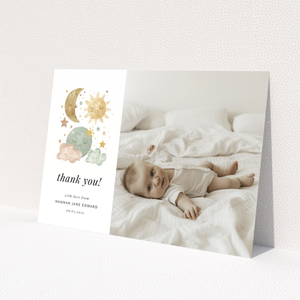 Baby thank you card design featuring celestial illustrations and one baby photo.