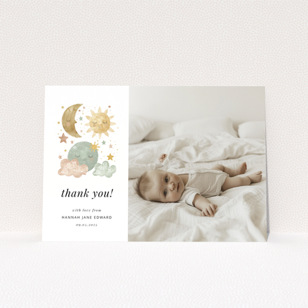 Baby thank you card design featuring celestial illustrations and one baby photo.