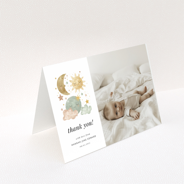 Baby thank you card design featuring celestial illustrations and one baby photo.